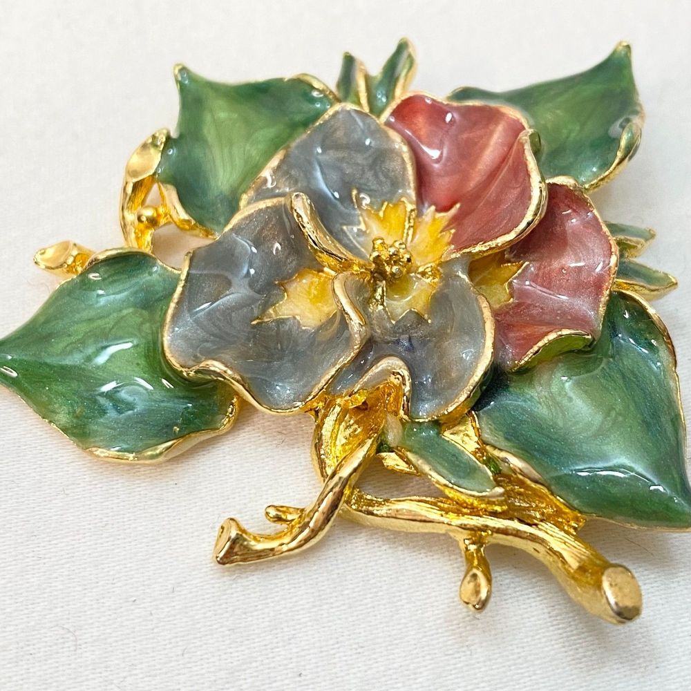 💎3D Enamel Painted Cloissonne Flower Brooch Pin Gold Tone Vintage